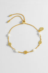 Flower Pearl Hammered Disc Bracelet Gold Plated