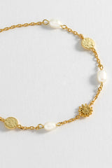 Flower Pearl Hammered Disc Bracelet Gold Plated