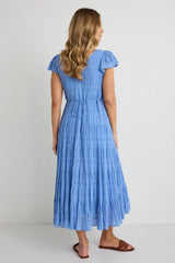 Marley French Blue Shirred Cotton Sleeveless V-Neck Tiered Maxi Dress