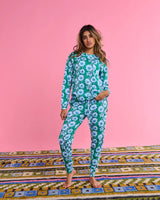 Tumbling Flowers Green Organic Cotton Long Sleeve Pyjama Top & Slouch Pant Set
