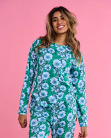 Tumbling Flowers Green Organic Cotton Long Sleeve Pyjama Top & Slouch Pant Set