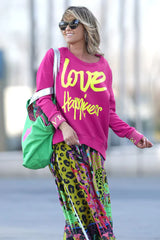 Roundneck Love Happiness Magenta Neon Yellow Sweater