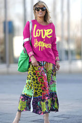 Roundneck Love Happiness Magenta Neon Yellow Sweater
