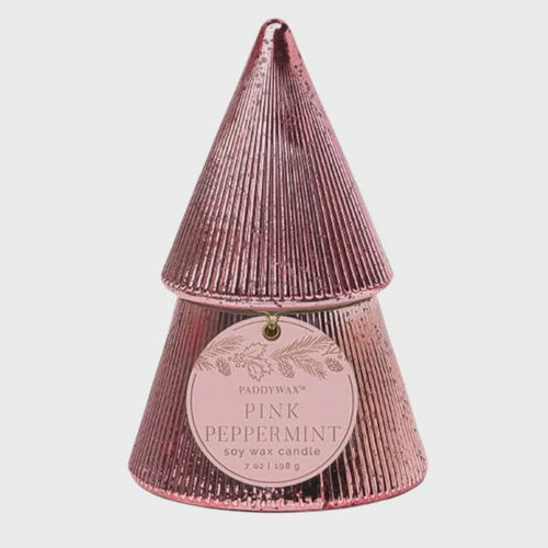 7oz Pink Ribbed Mercury Stacked Tree Candle w Lid - Pink Peppermint