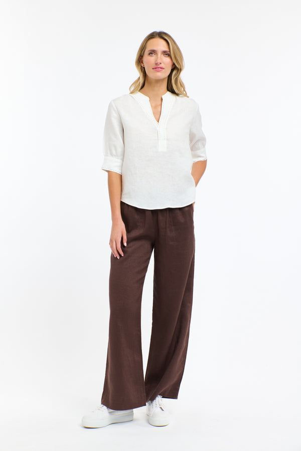 Bradley Linen Stitch Top - White/Choc St