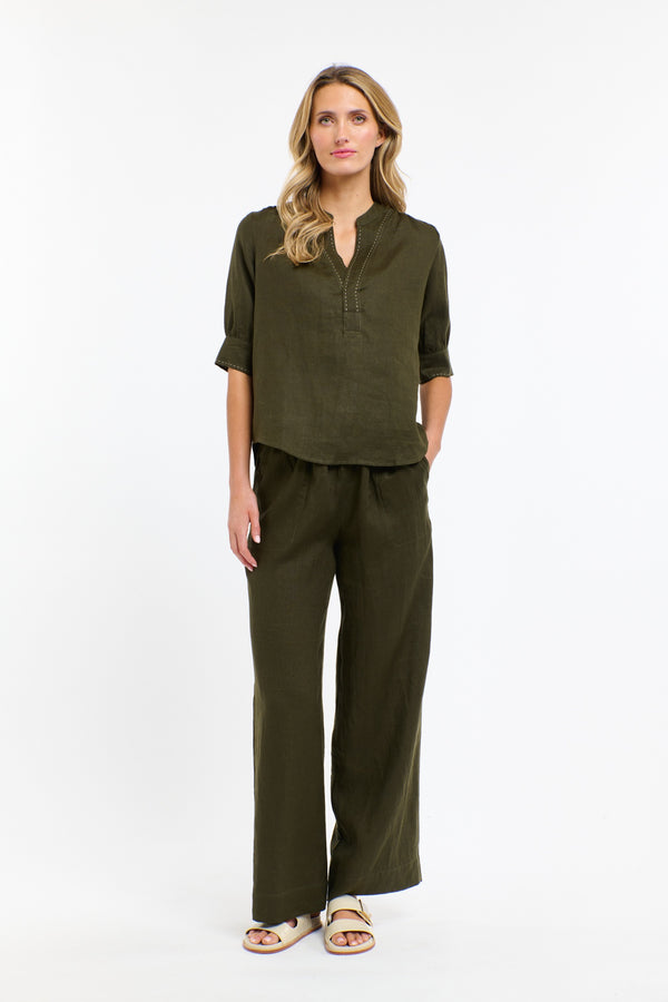 Perry Linen Drawcord Pant - Khaki