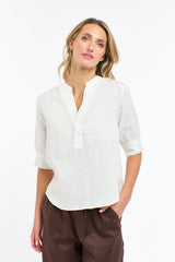Bradley Linen Stitch Top - White/Choc St