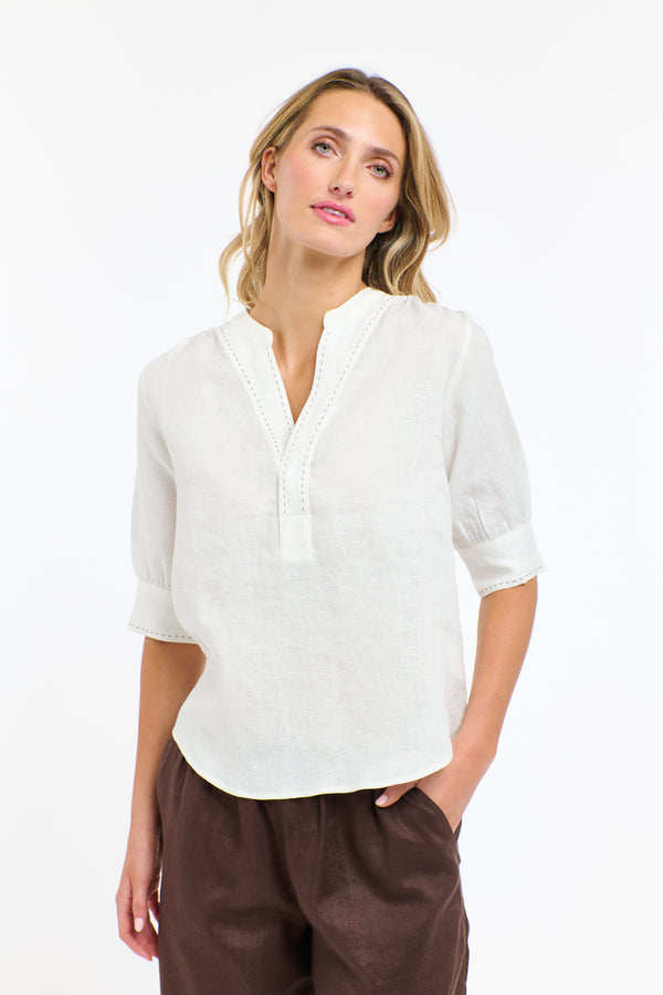 Bradley Linen Stitch Top - White/Choc St