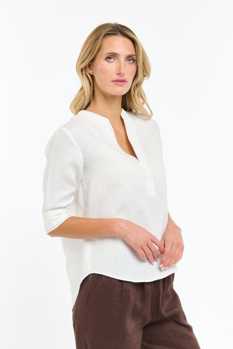 Bradley Linen Stitch Top - White/Choc St