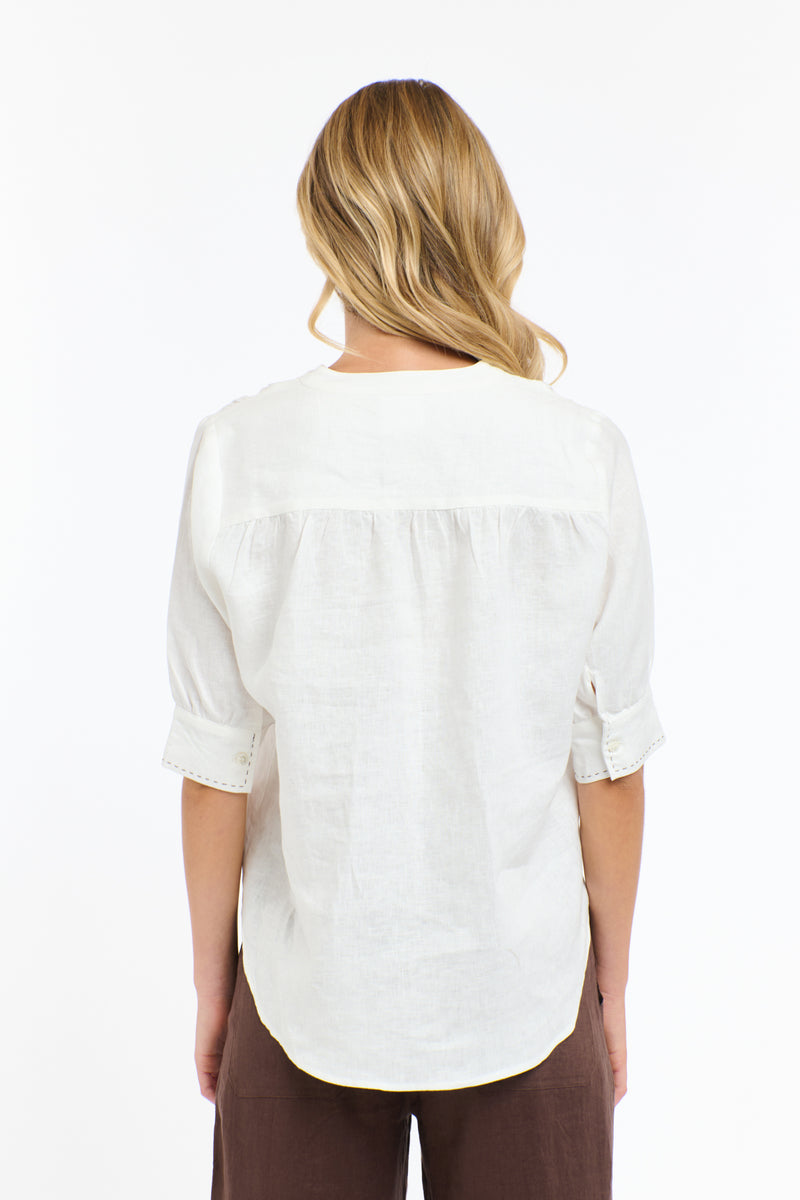 Bradley Linen Stitch Top - White/Choc St