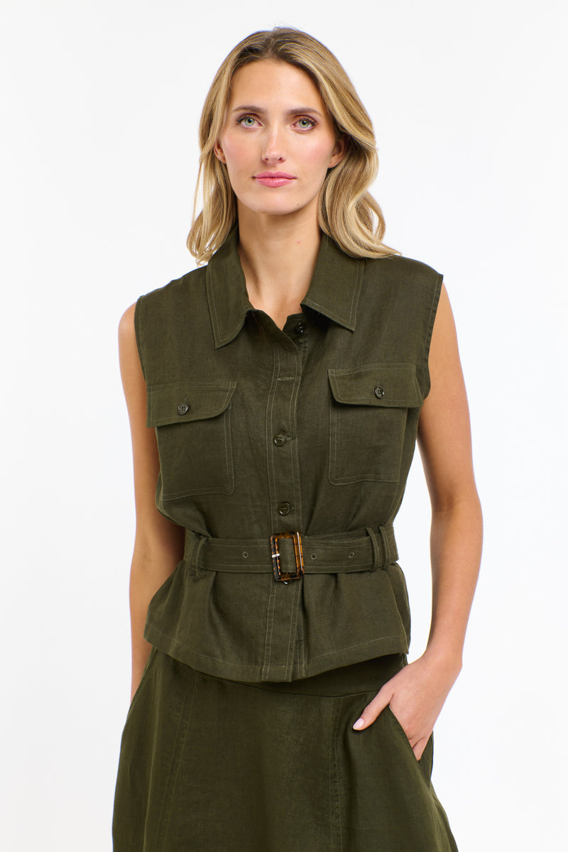 Perry Linen Vest - Khaki