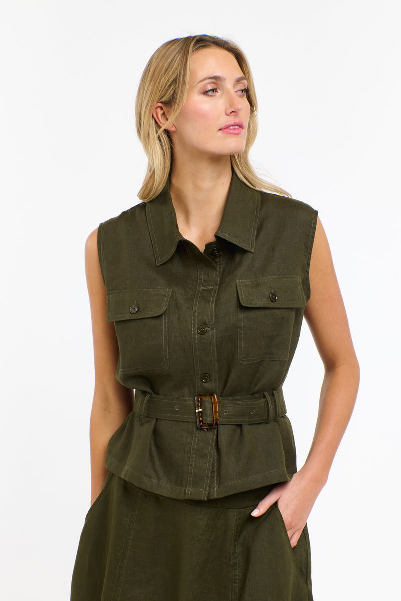 Perry Linen Vest - Khaki