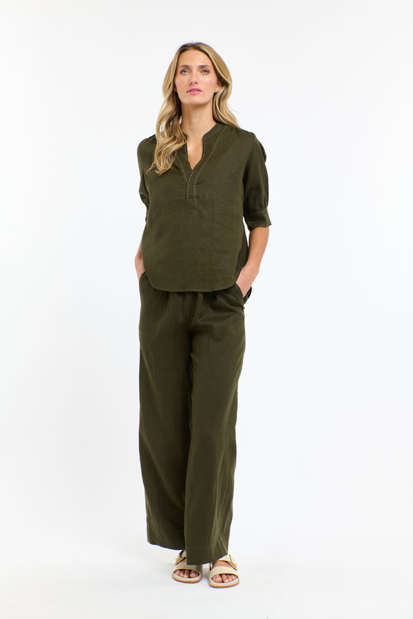 Perry Linen Drawcord Pant - Khaki