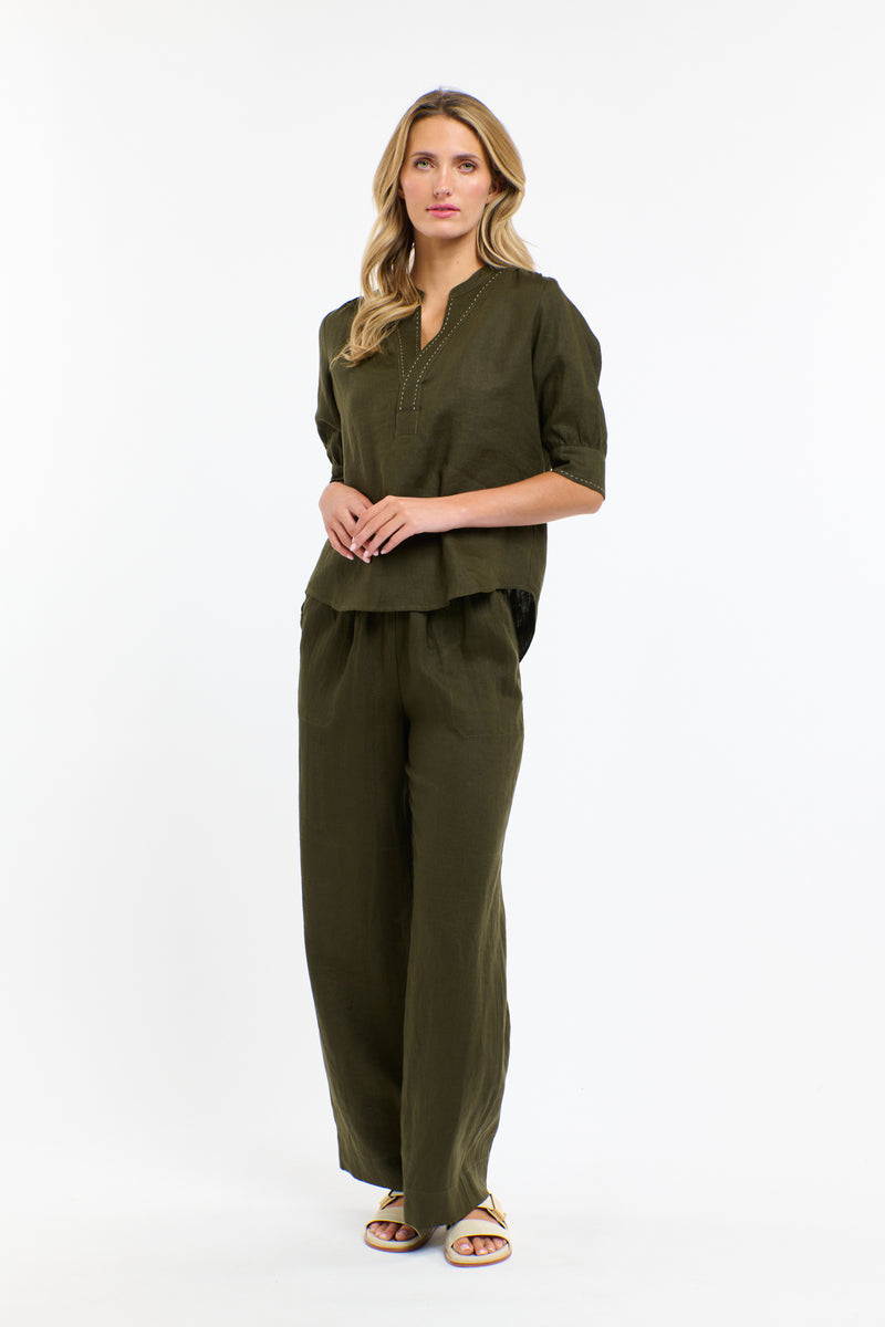 Perry Linen Drawcord Pant - Khaki