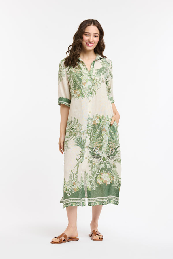 Linen Printed Dress - Cream/Green
