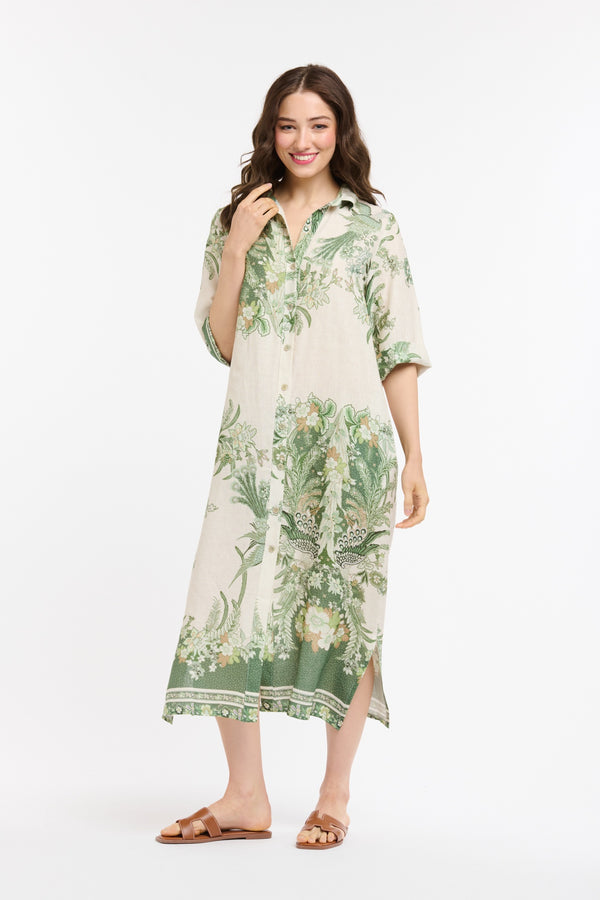 Linen Printed Dress - Cream/Green