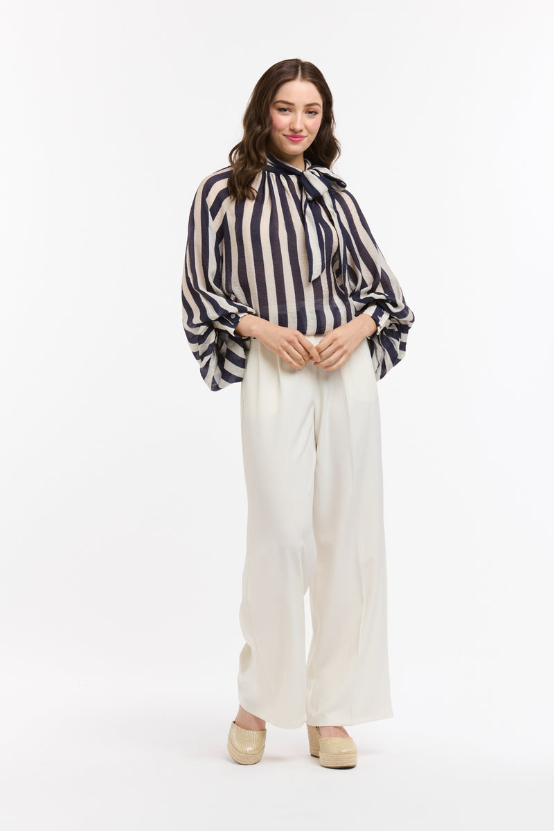 Striped Bow Neck Blouse - Blue/White