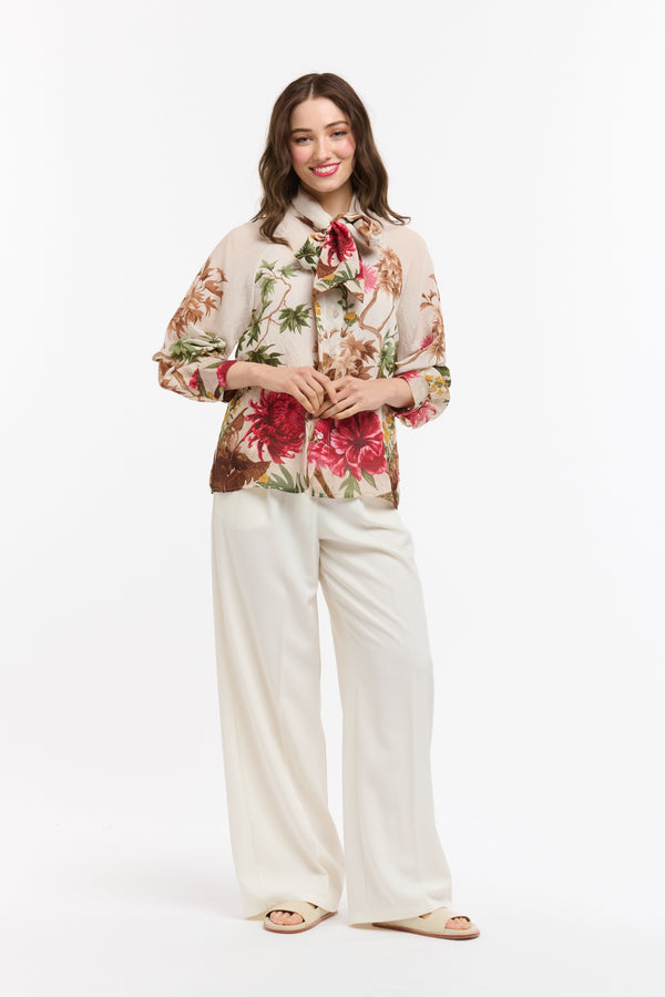 Flowers Bow Neck Blouse - Beige