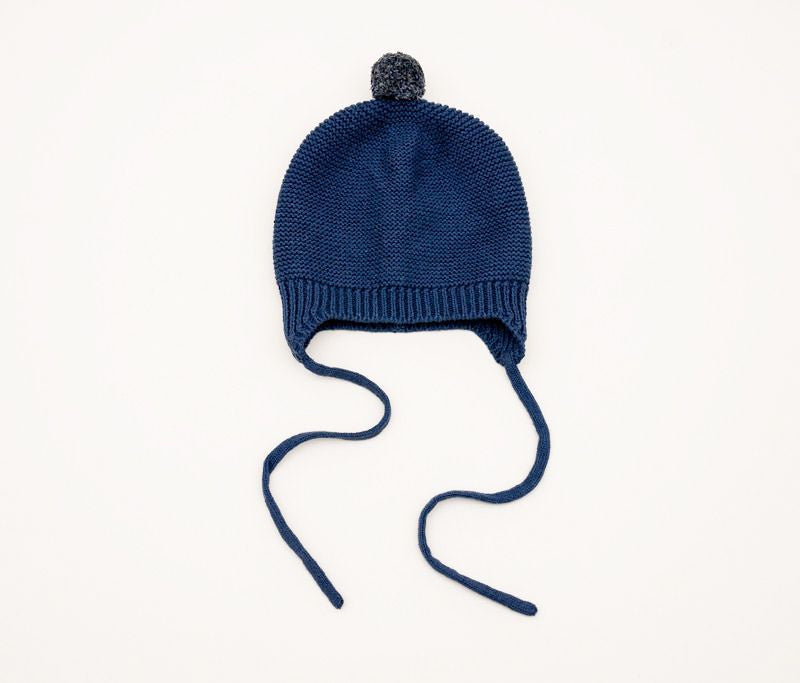 Huggie Knit Pom Pom Hat Ear Flaps - Denim