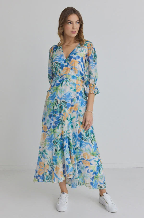 Magnolia Blue Orange Tropical SS Midi Wrap Dress