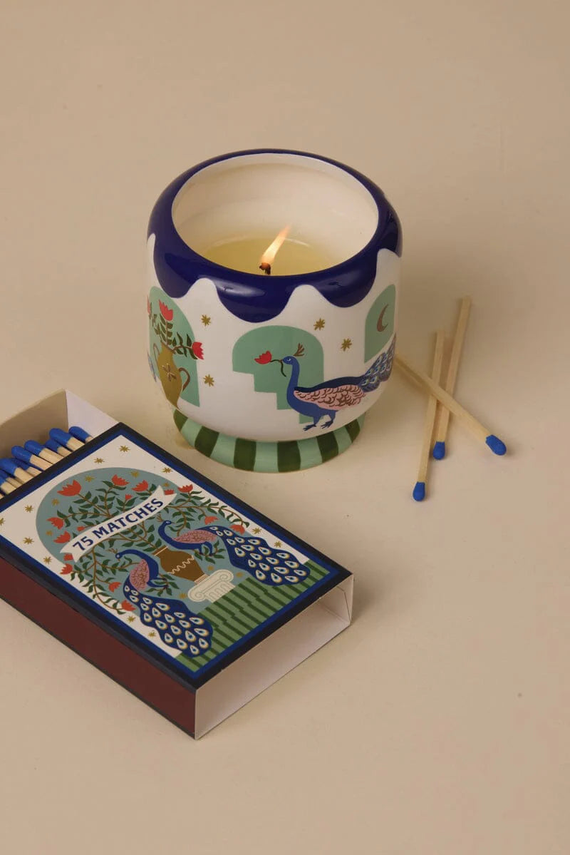 Adopo 8 oz Peacock Ceramic Candle Misted Lime