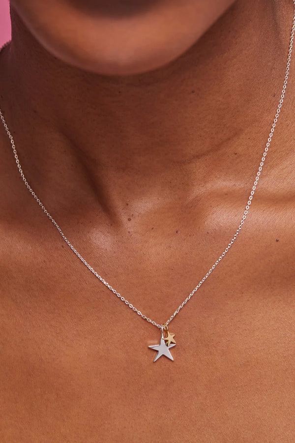 Two Tone Double Star Necklace - Silver Plated