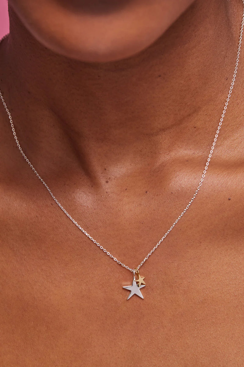 Two Tone Double Star Necklace - Silver Plated