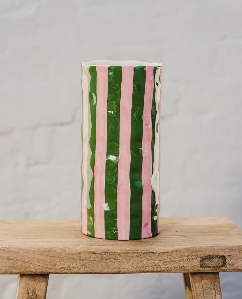 Large Vase - Dark Green & Pink Stripe