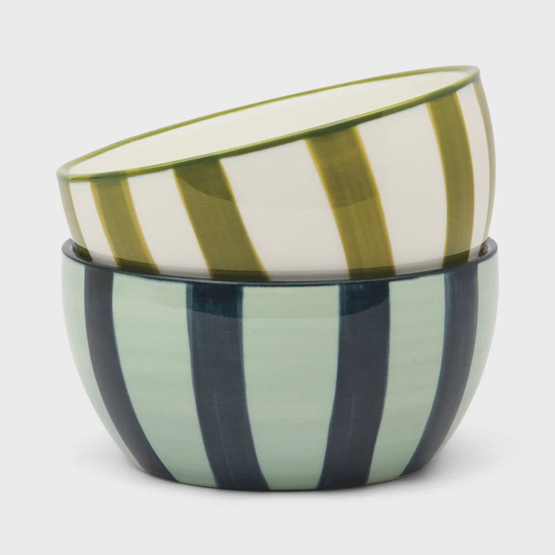 The Bella Set of 2 Dipping Bowls - Green + Blue  Stripe
