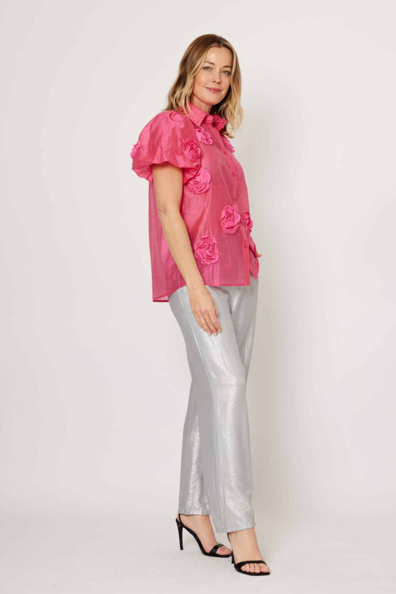 Silk Blend Flower Shirt Short Puffy Sleeve - Fuchsia