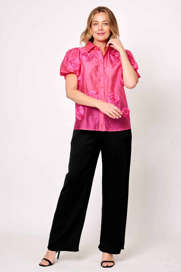 Silk Blend Flower Shirt Short Puffy Sleeve - Fuchsia