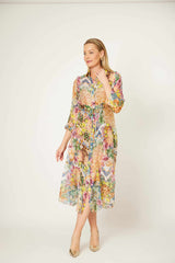 Silk Tier Shirt Dress - Multi Camel/Green/Pink Print