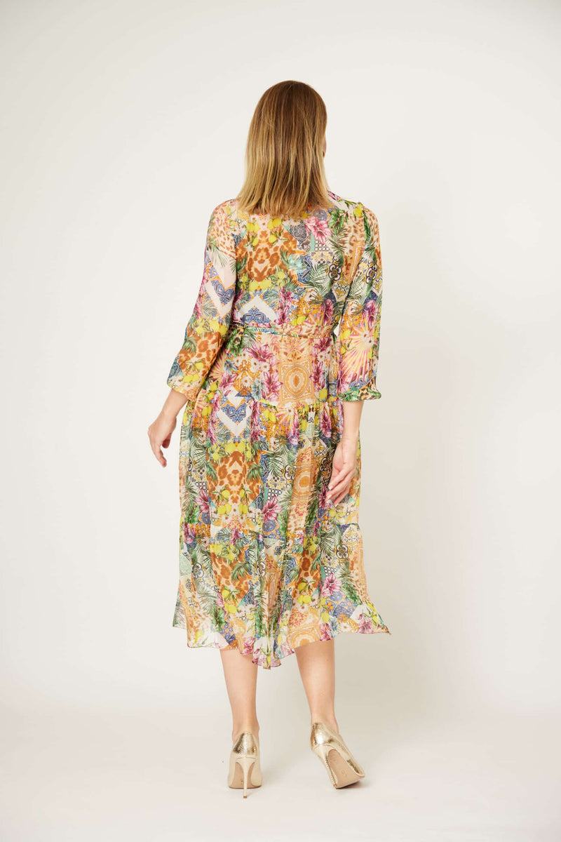 Silk Tier Shirt Dress - Multi Camel/Green/Pink Print