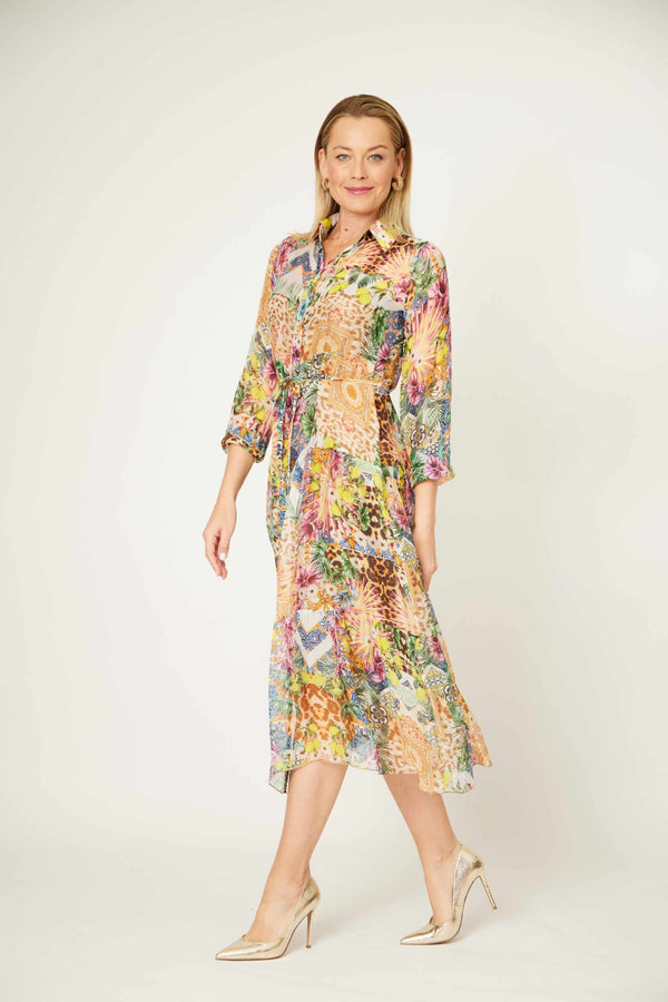 Silk Tier Shirt Dress - Multi Camel/Green/Pink Print