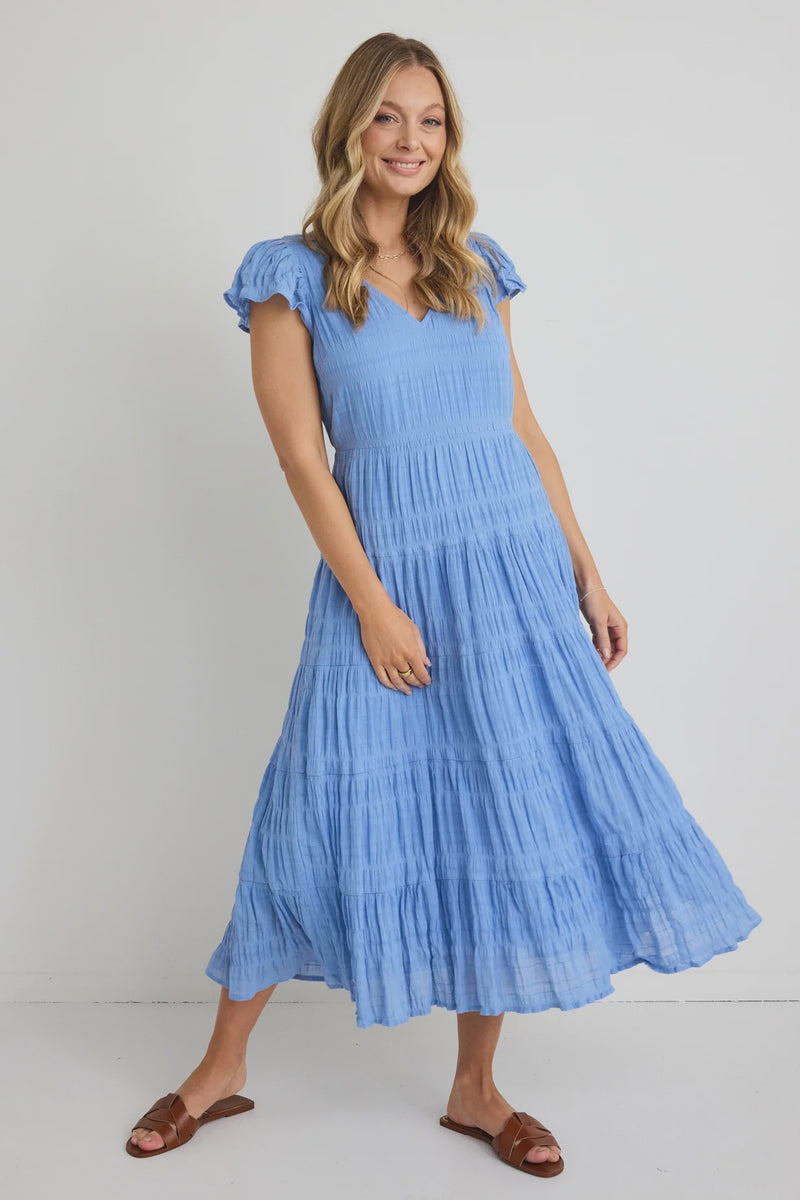 Marley French Blue Shirred Cotton Sleeveless V-Neck Tiered Maxi Dress