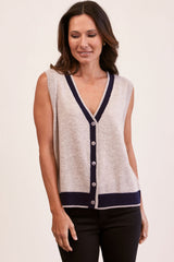 Merino Wool Spliced Button Front Vest - Natural/Navy