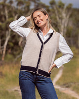 Merino Wool Spliced Button Front Vest - Natural/Navy