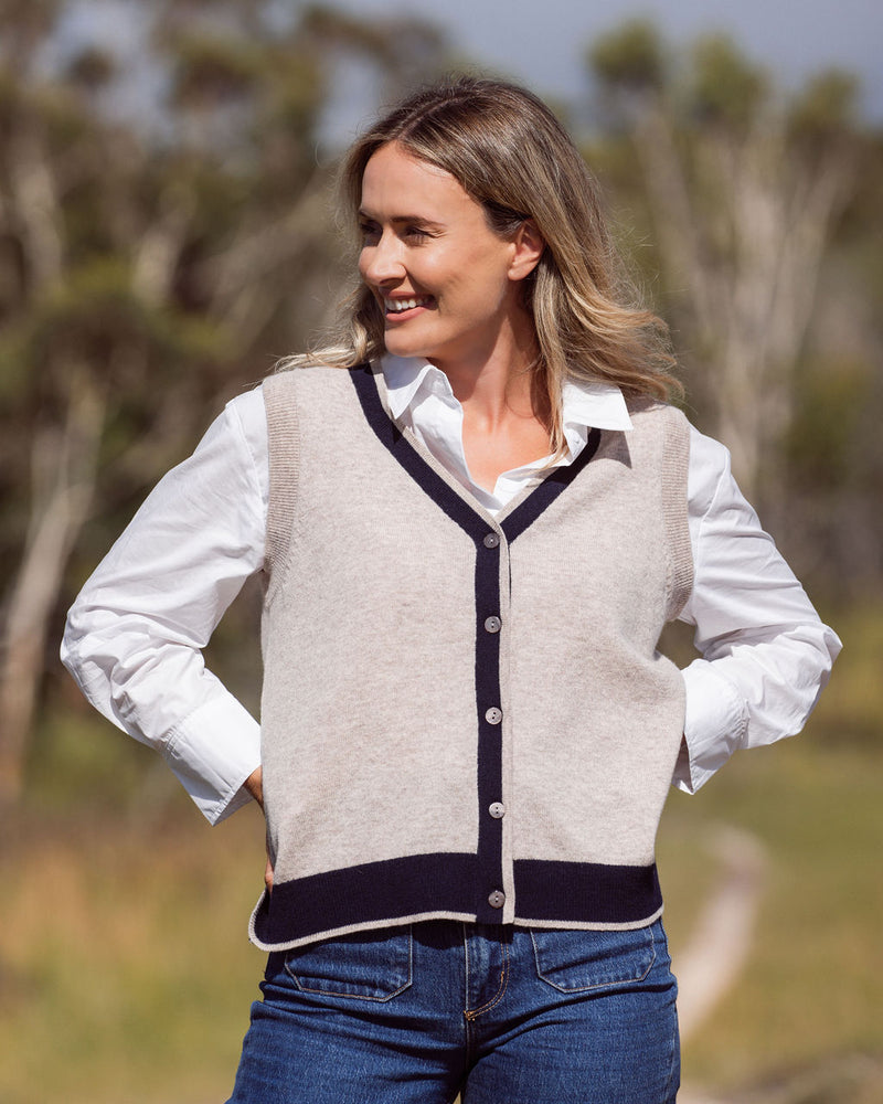 Merino Wool Spliced Button Front Vest - Natural/Navy