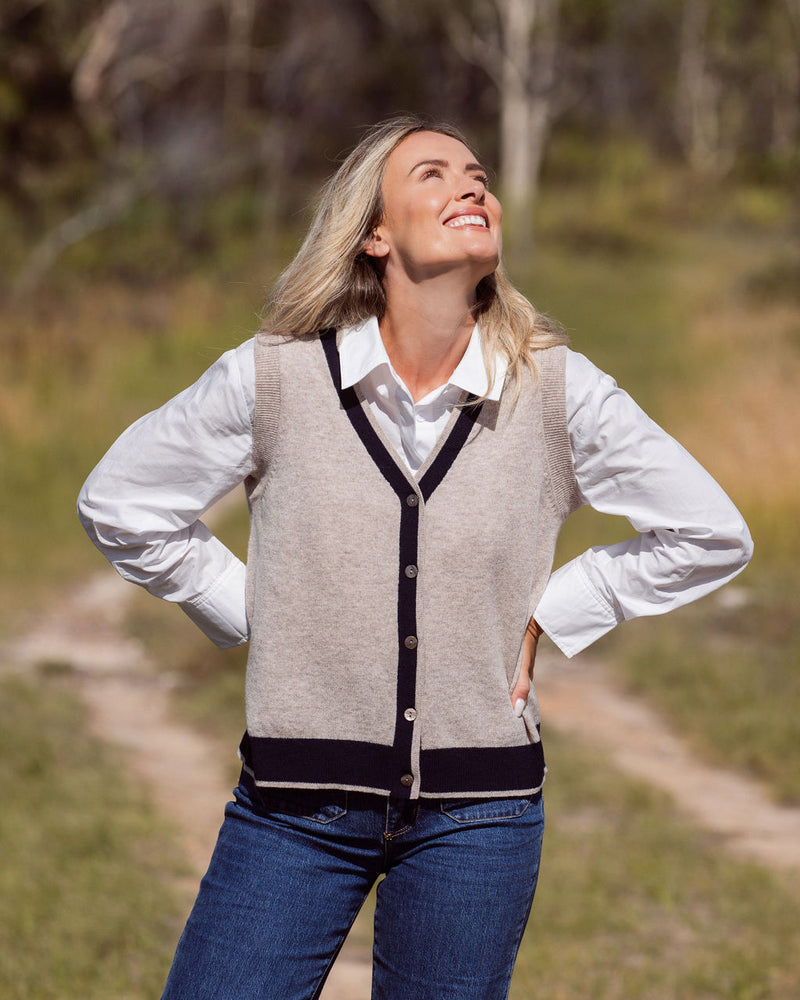 Merino Wool Spliced Button Front Vest - Natural/Navy