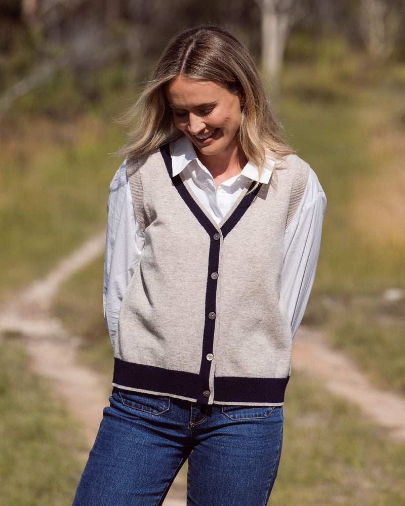 Merino Wool Spliced Button Front Vest - Natural/Navy