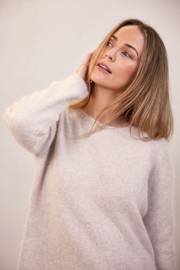 Angora Nylon Crew Neck Sweater - Oatmeal