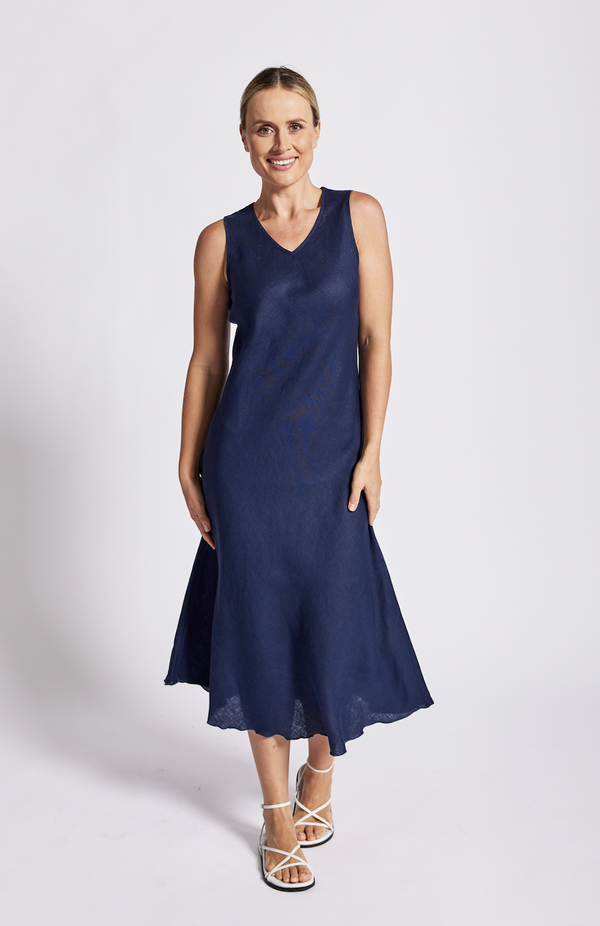 Linen Bias Cut Dress - Navy