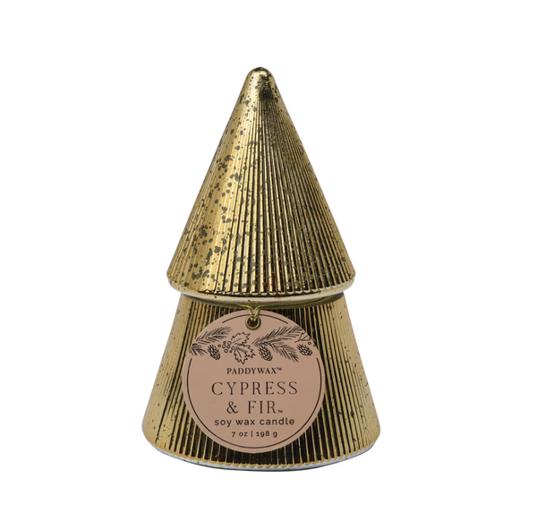 Cypress & Fir Stacked Tree Candle Gold