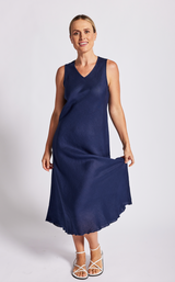 Linen Bias Cut Dress - Navy