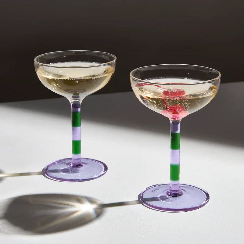 Two X Striped Coupe Glasses- Lilac + Green