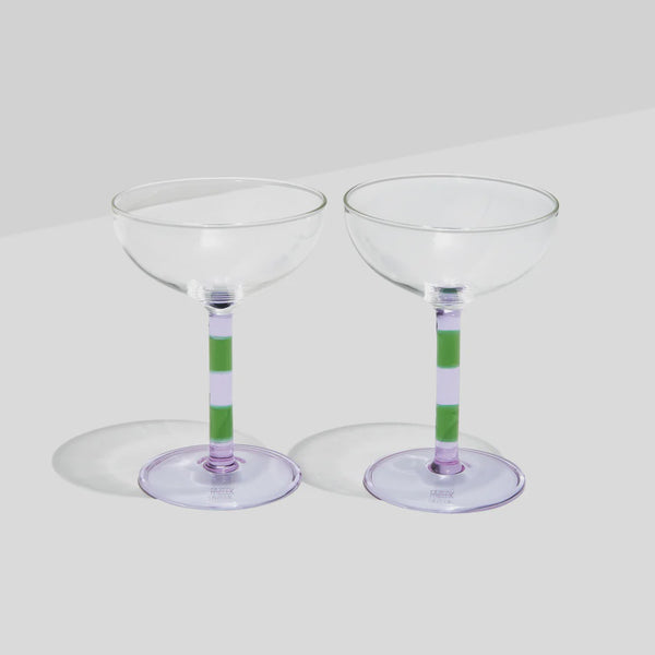 Two X Striped Coupe Glasses- Lilac + Green