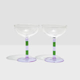 Two X Striped Coupe Glasses- Lilac + Green