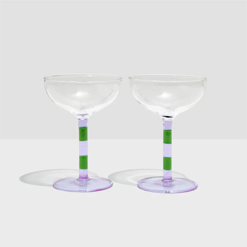 Two X Striped Coupe Glasses- Lilac + Green