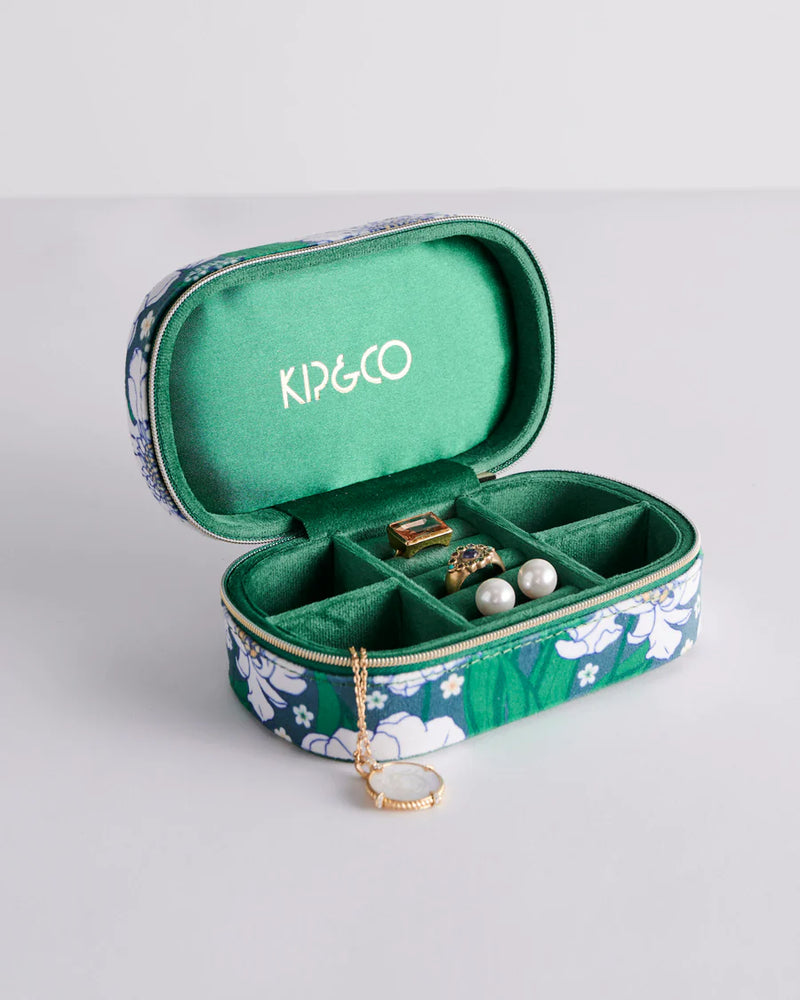 Tumbling Flowers Green Travel Velvet Jewellery Box