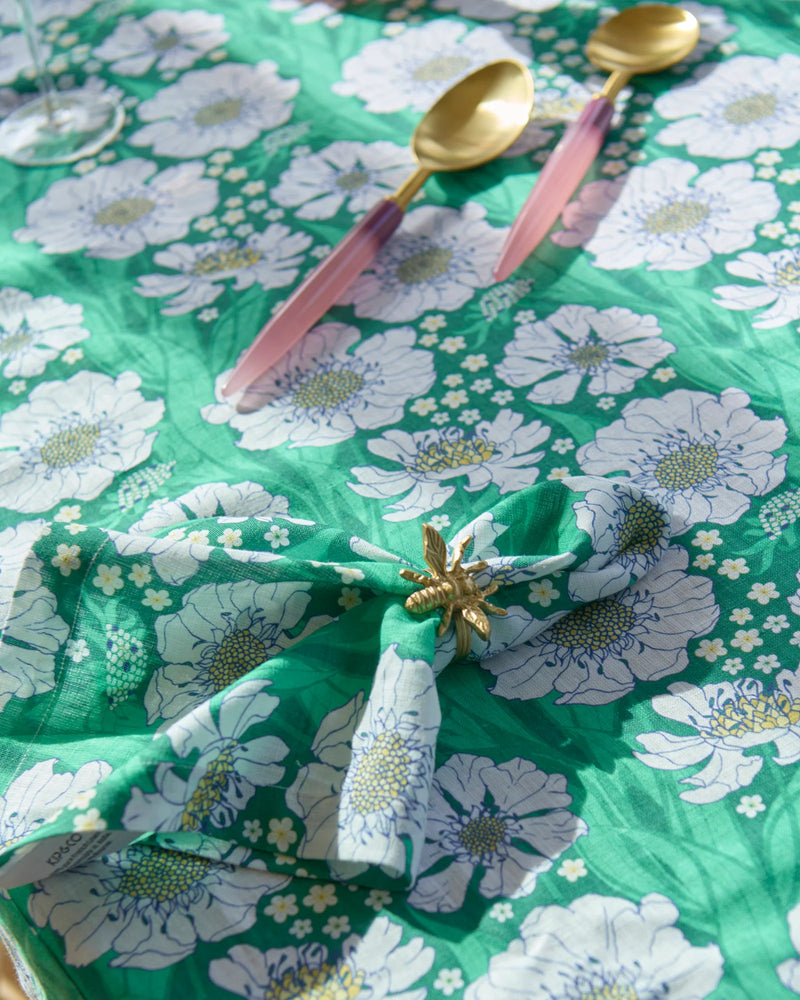 Tumbling Flowers Green Linen Tablecloth